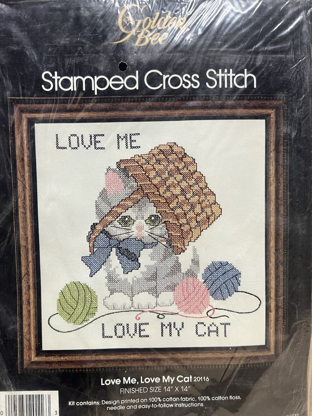 Vtg Golden Bee Stamped Cross Stitch "Love Me, Love My Cat" 14"x14" Kit New